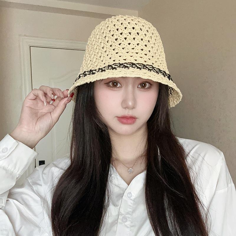 Foldable Bucket Hat Women's Sunshade Sunscreen Hat Simple Color Matching Milk Silk Woven Bucket Hat