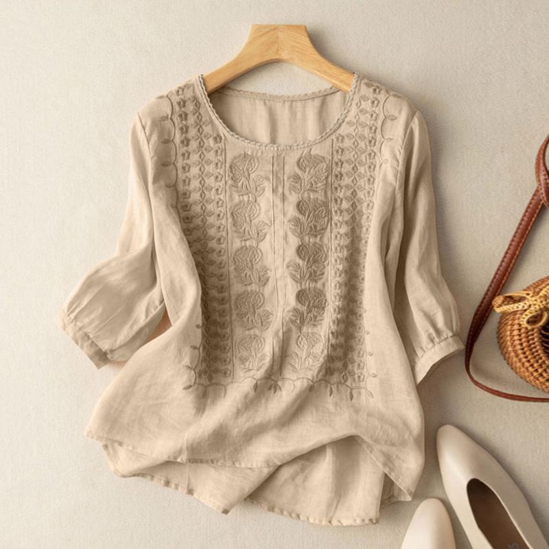 

Elegant Women Embroidered Blouses Autumn Puff Sleeve Transparent Blusas Mujer Casual Vintage Cotton Shirts XXXL хакі