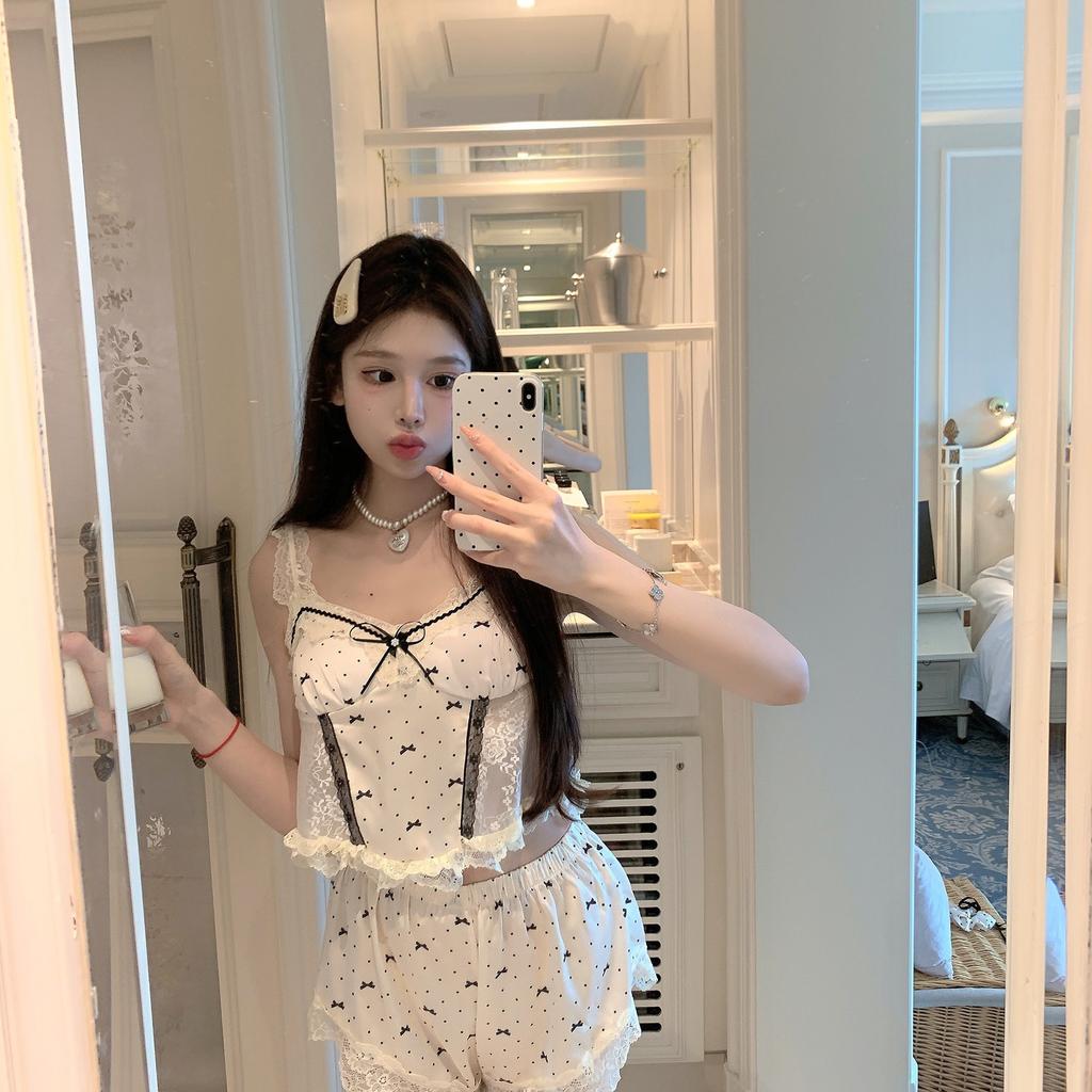 Ice silk pajamas female sexy suspenders summer lace hollow backless printing pure desire wind loungewear set with chest pad