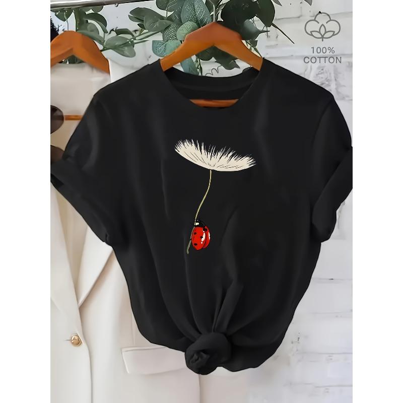 

Plus Size Womens 100% Dandelion Insect Print Tee Round Neck Short Sleeve Soft Comfortable Home Casual Top 4XL чорний
