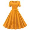 Z Retro Women's Clothing Temperament Square Neck Short-sleeved Polka Dot Printing Waist Pendulum Dress