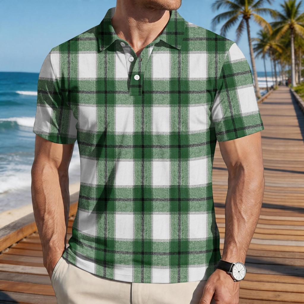 Men Loose Fit Casual Plaid Print Short Sleeve Polo Shirt with Turn Down Collar for Everyday Comfort Style