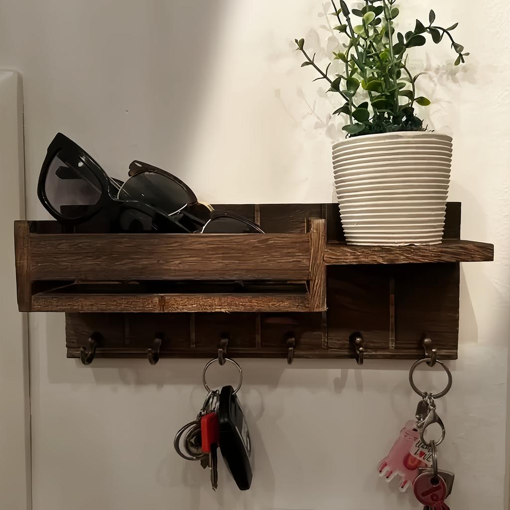 Wall Mounted Wooden Key Holder 1pc Shelf Hooks Home Organization Farmhouse Decor
