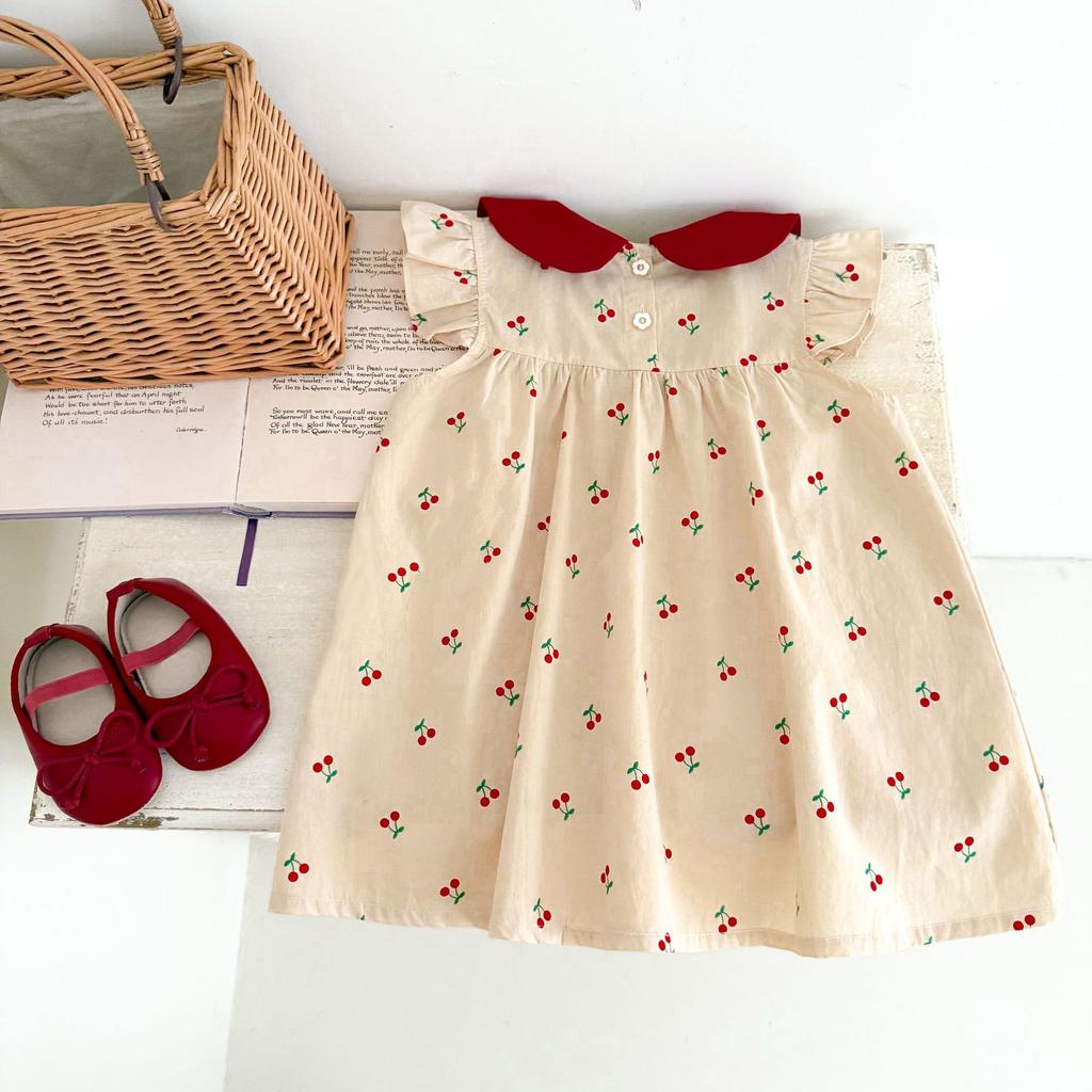 Summer Baby Girl Cherry Print Dress Sweet Peter Pan Collar Flutter Sleeve Princess Party Dress Cute Casual Sundress For Toddler
