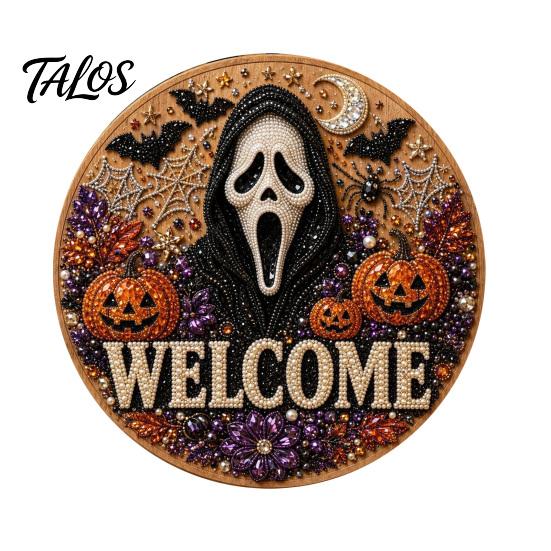 Faux Pearl Door Sign Kit Halloween Kit, Ghost Skull Skeleton Cat Welcome Wall Hanging Decor Crafts Handmade Painting Arts for Decoration