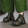 Johnature Genuine Leather Round Toe Hollow-out Thick Soled Boots Retro High Heels Women's Platform Shoes