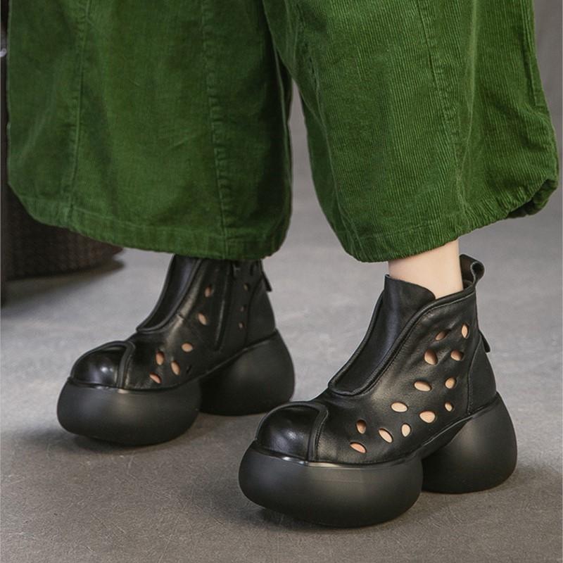 Johnature Genuine Leather Round Toe Hollow-out Thick Soled Boots Retro High Heels Women's Platform Shoes