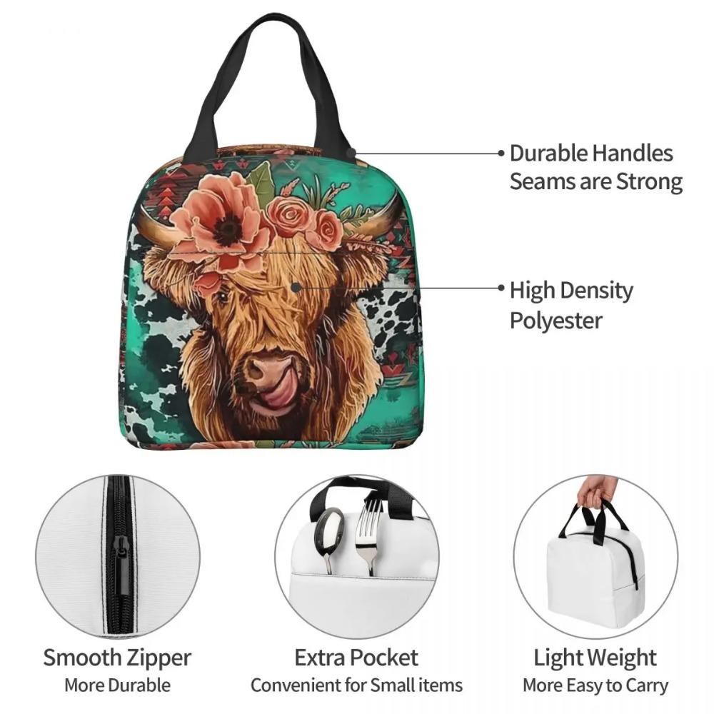 Ox Head Surrounding The Flowers Pattern Insulated Lunch Bag for Women Children Portable Food Boxes Thermal Lunch Box Tote