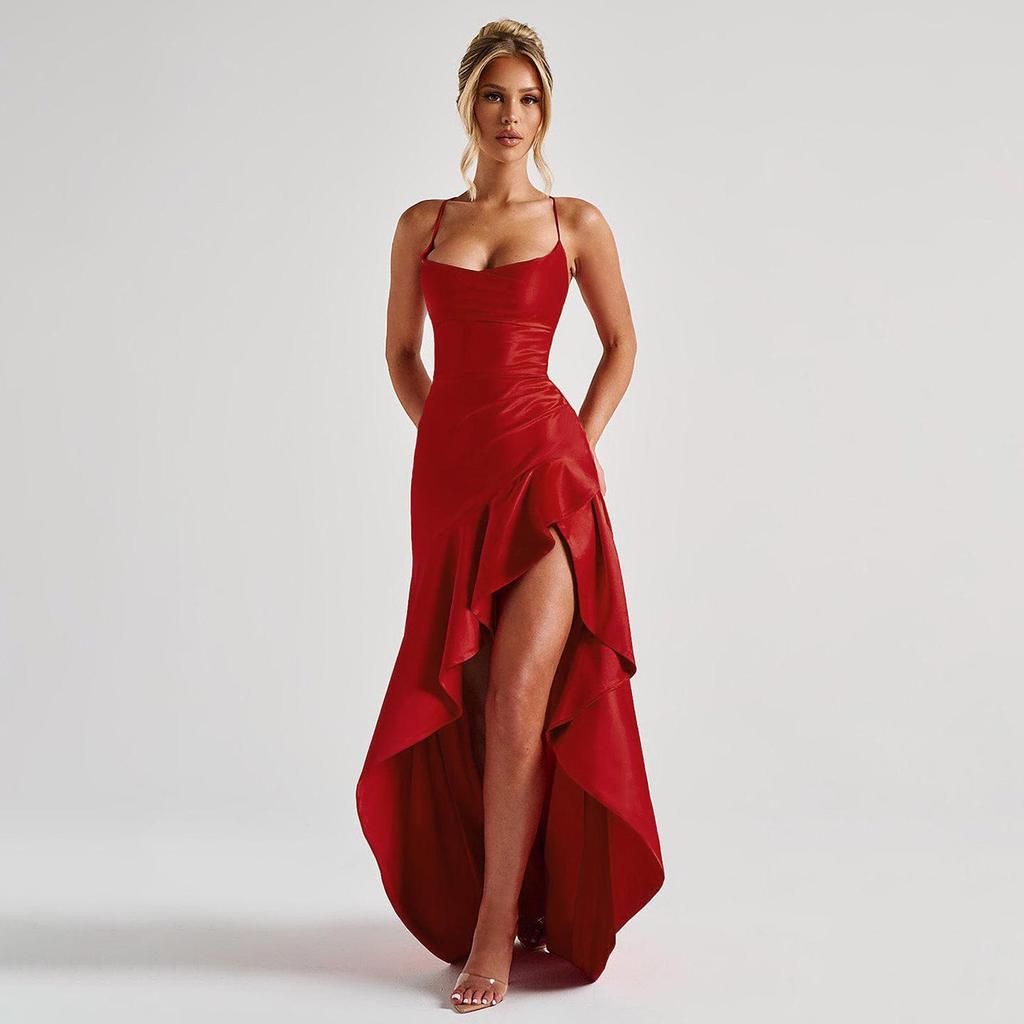 Elegant Satin Ruffle Hem Dress with Spaghetti Straps - European & American Style