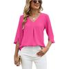 Women's V Neck 3/4 Split Sleeve Blouse Loose Fit Front Pleated Detail Casual Solid Chiffon Top