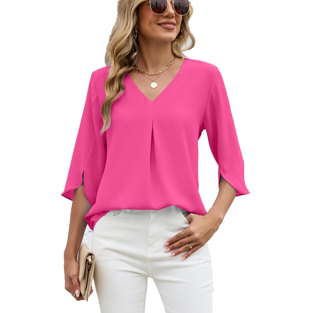 Women's V Neck 3/4 Split Sleeve Blouse Loose Fit Front Pleated Detail Casual Solid Chiffon Top