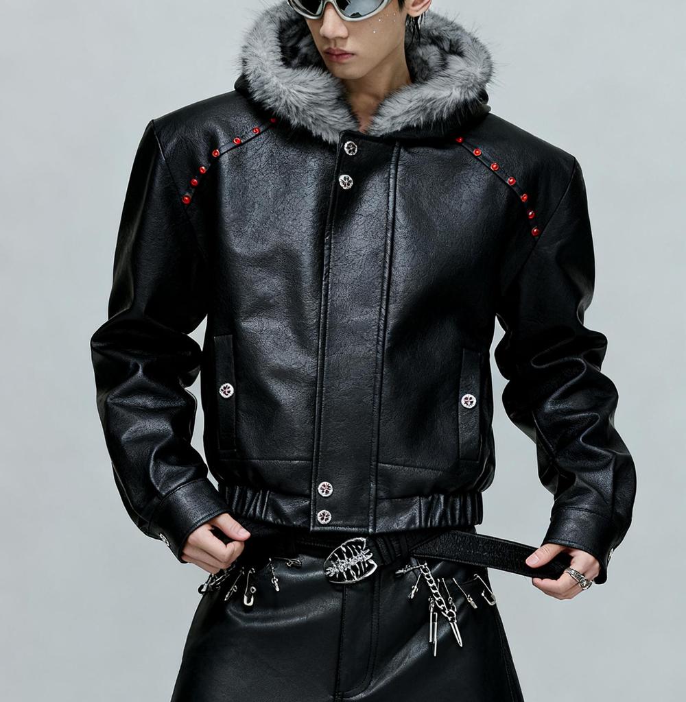 American Hooded PU Leather Winter Jacket with Faux Wolf Fur Collar for Men
