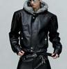 American Hooded PU Leather Winter Jacket with Faux Wolf Fur Collar for Men