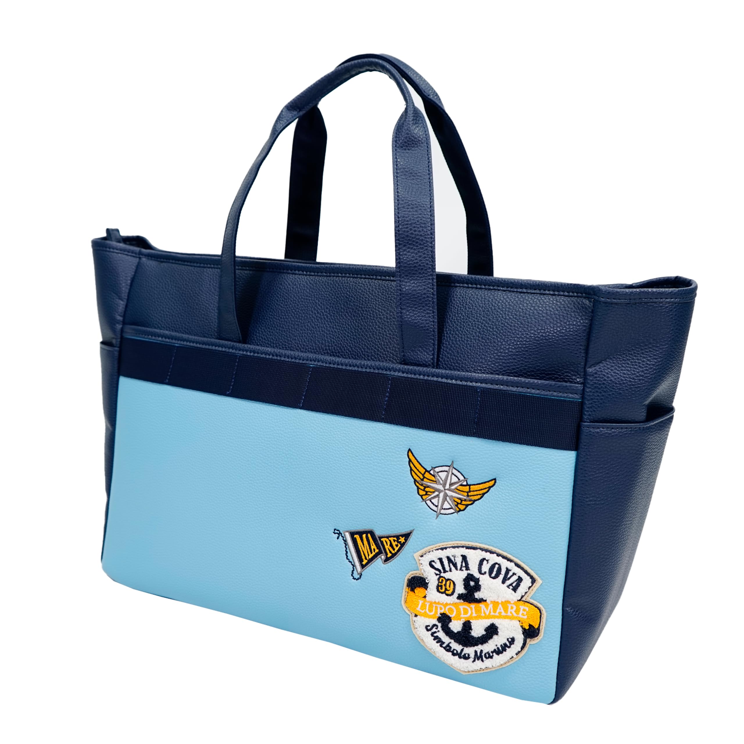 

Sinacova Tote Bag for Men and Women, Zippered, Synthetic Leather, Large Capacity, Freestanding, Two-Tone Design with Embroidered Patches, 24177050