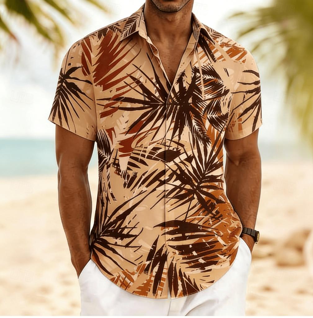Men's Brushstroke Palm Leaf Print Short Sleeve Shirt, Spring Summer Artistic Hawaiian Vacation Blouse, Loose Casual Top