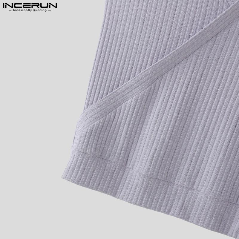 INCERUN Summer Men V Neck Front Cross Solid Rib Casual Tank Tops Undershirts