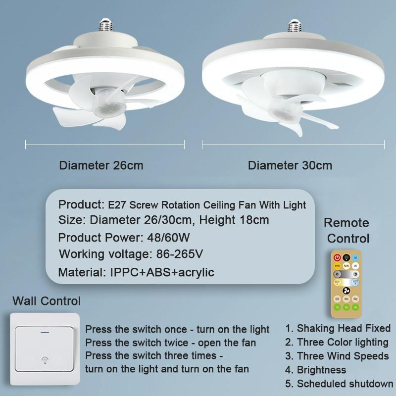 360° Moving Head Screw Fan Light Kitchen Smart Remote Control Exhaust Fan E27 Electric Ceiling Fan With Light