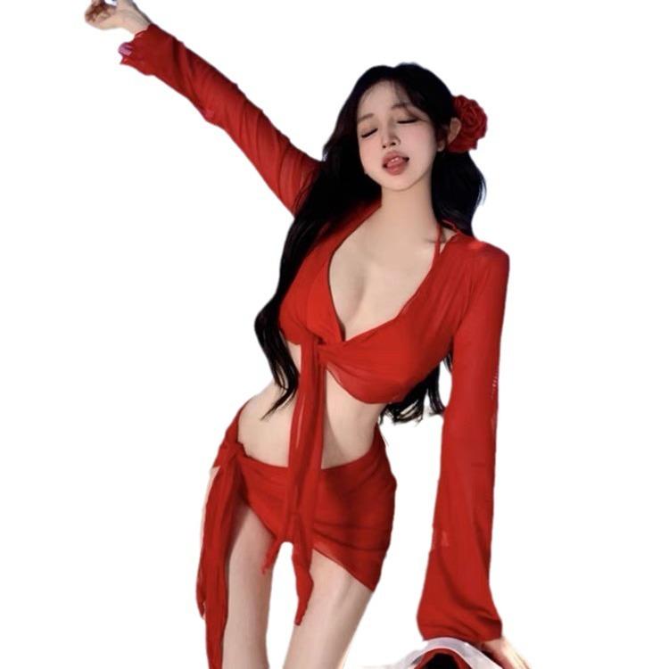 New Seaside Vacation Pure Desire Sexy Split Skirt Three-piece Swimsuit Small Chest Long Sleeve Internet Celebrity Bikini