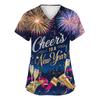 Women's Fashion Printed Short Sleeve V Neck Pattern Tops Pocket Working T-shirts