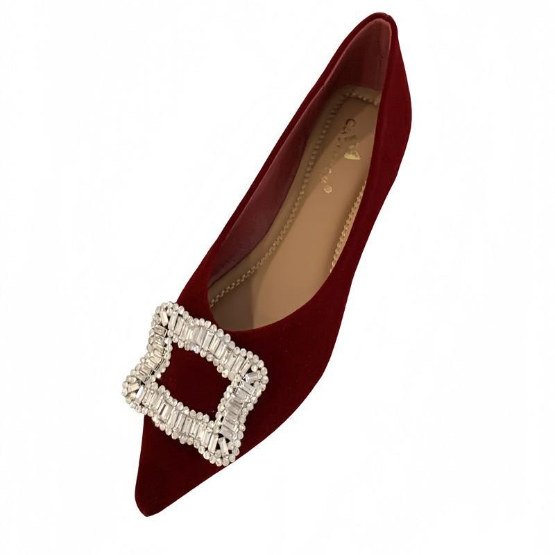 2025 autumn new commuter pointed rhinestone buckle thin heel cat heel shallow mouth single shoes