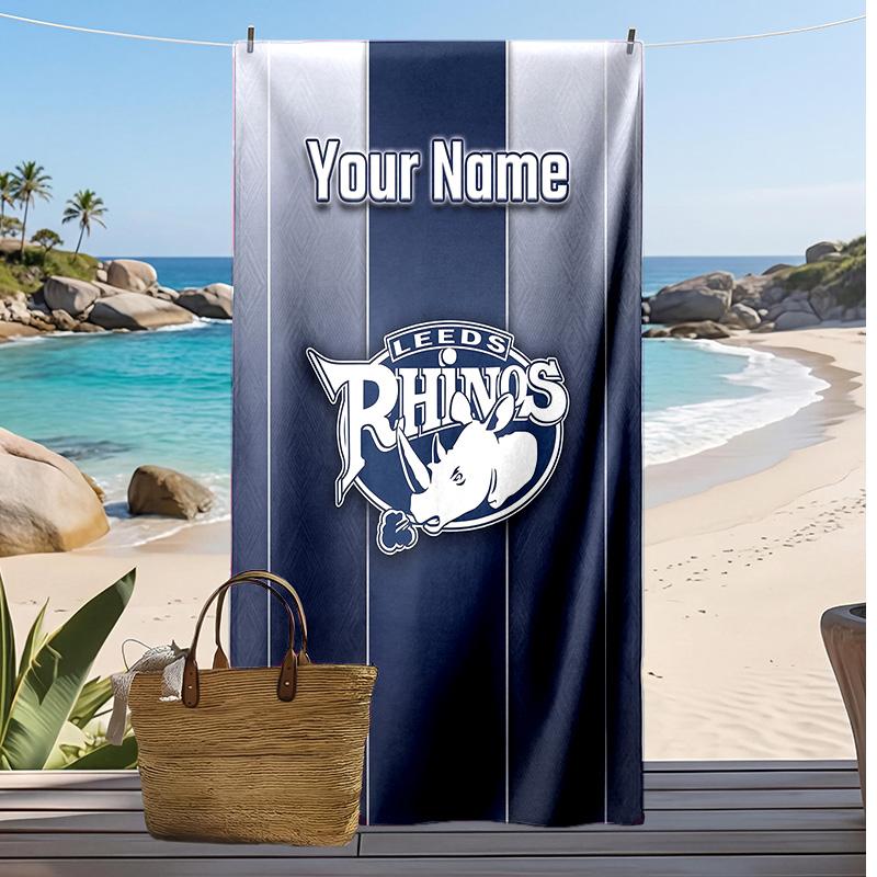 Asciugamano da Spiaggia Personalizzato Leeds Rhinos, Stampa il Tuo Nome Testo Asciugamano Leggero Assorbente per Nuoto Viaggio