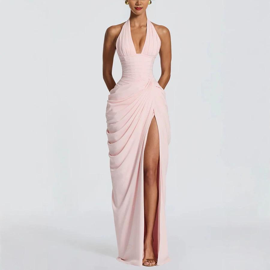 European, American spring and summer new neck split dress INS casual vacation long lace-up dress