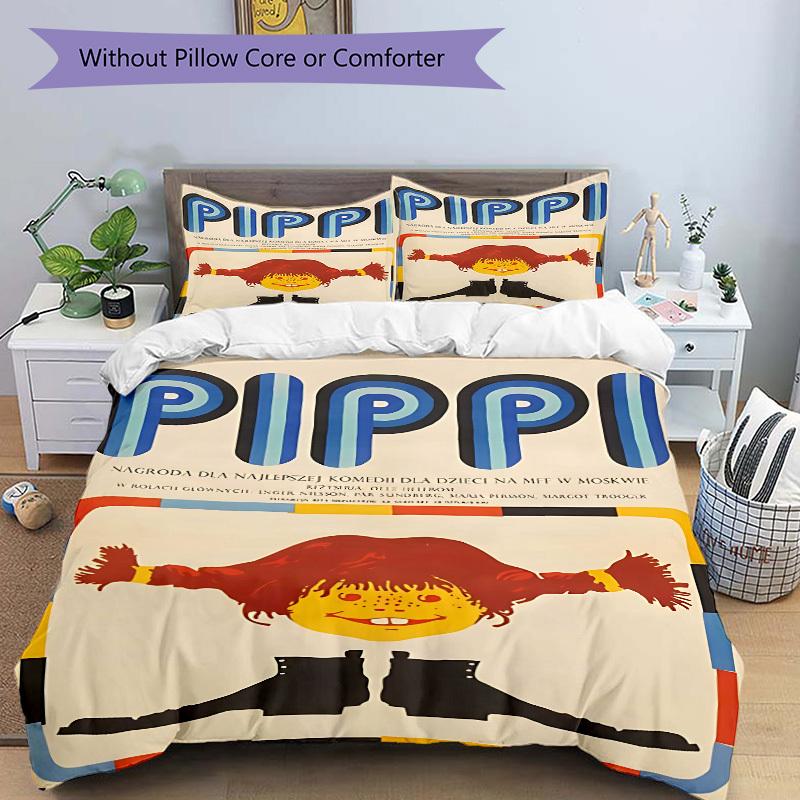 3-teiliges Pippi Langstrumpf Bettwäsche-Set - Maschinenwaschbar, Enthält 1 Bettbezug und 2 Kissenbezüge, Ohne Füllung yy251022234