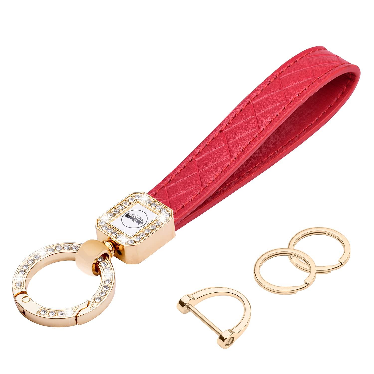

[Wisdompro] Car Key Keychain, Sparkling Carabiner, Car Key Chain, PU Leather, For Smart Keys, Lost Prevention, Stylish, Cute, Women s, Red
