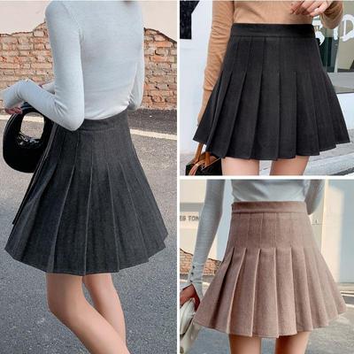 Woolen Pleated Skirt High Waist Student Plaid Skirt Women Girl Sweet Skirts