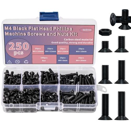 

Zmbroll 250-Piece M4 Flat Head Screws, Black Cross Bolts and Nuts Set, M4 x 6mm/10mm/12mm/16mm/18mm/20mm