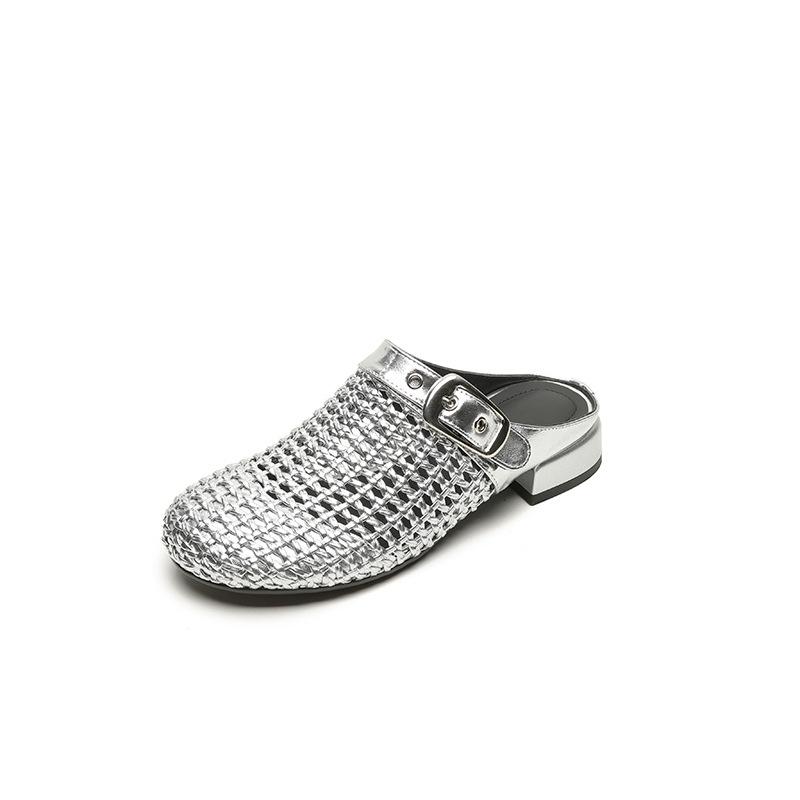 Design sense Roman woven hollow bag head cool slippers 2025 summer new wear round head thick heel muller shoes women