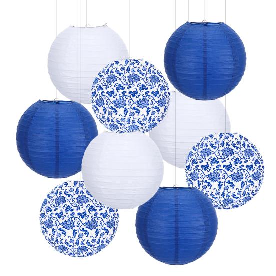 9 Pezzi Lanterna Chinoiserie Blu e Bianca Appesa Lanterna di Carta Rotonda Decorazione per Matrimonio Festa di Compleanno Decorazione da Soffitto