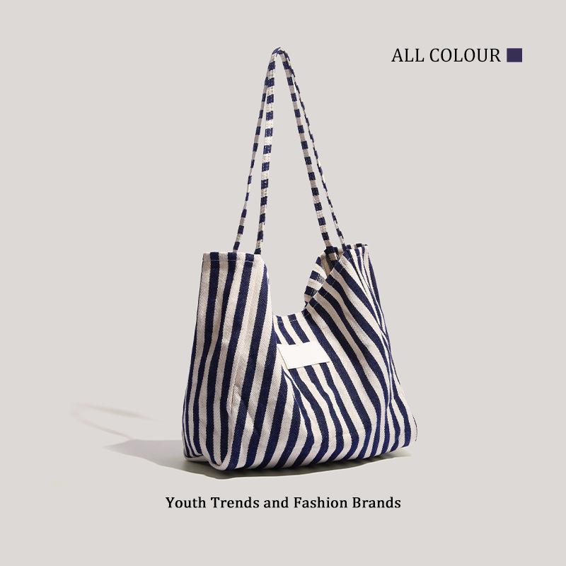 Hong Kong Style Large-capacity Striped Tote Bag Women's New Simple and Fashionable Shoulder Bag Student Class Commuting Bag