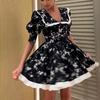 Women Black White Floral Print Bubble Sleeve Dress with Ruffle Trim