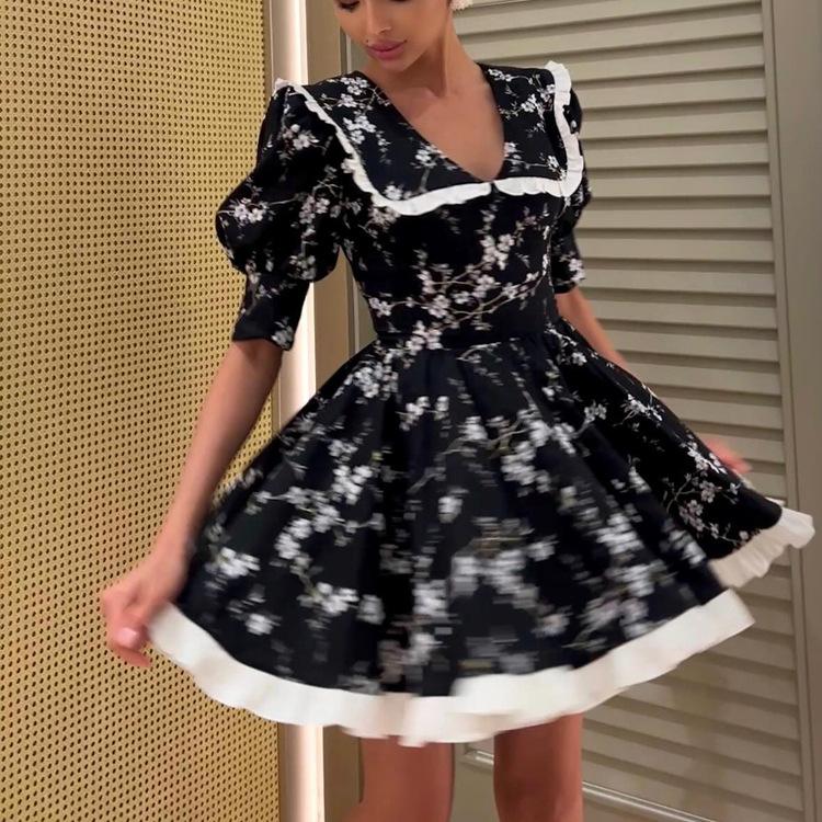 Women Black White Floral Print Bubble Sleeve Dress with Ruffle Trim