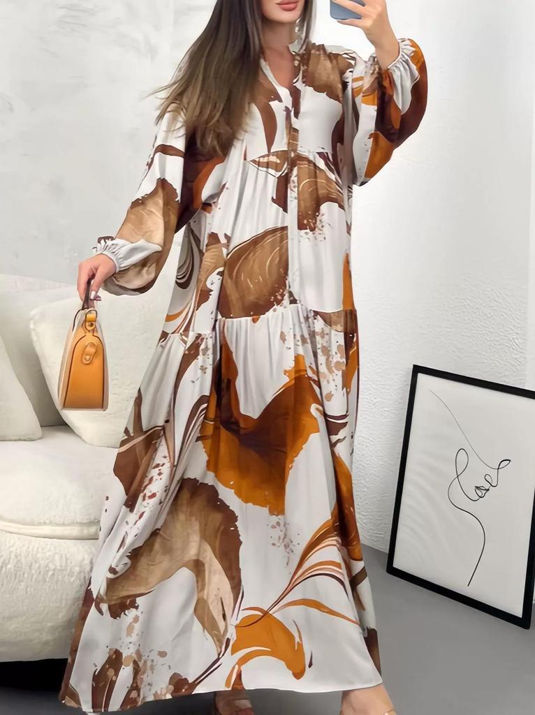 European 2025 V-Neck Long Sleeve Casual Loose Printed Dress for Women