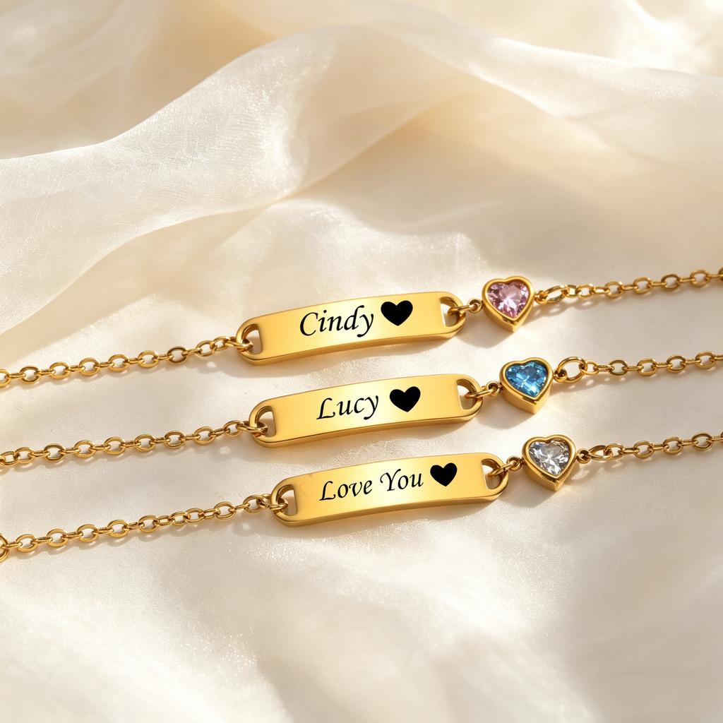 Customized Child ID Bracelet, Personalized Engraved Name Stainless Steel Zircon Heart Bracelets, Not Allergic Jewelry for Girl