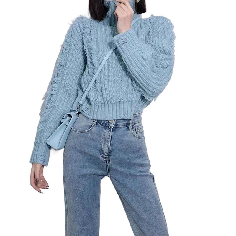 

IHUASU Женский дизайнерский джемпер с бахромой и рваными отверстиями, свитер с высоким воротом, пуловер, осенне-зимний теплый вязаный свитер, топы One Size синий