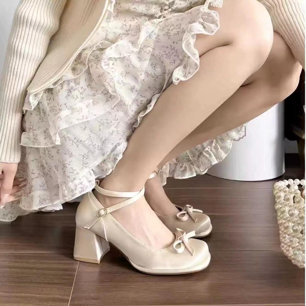 French bow thick heel leather shoes Mary Jane shoes women's 2025 new fairy style high heels heightening light mouth single shoes