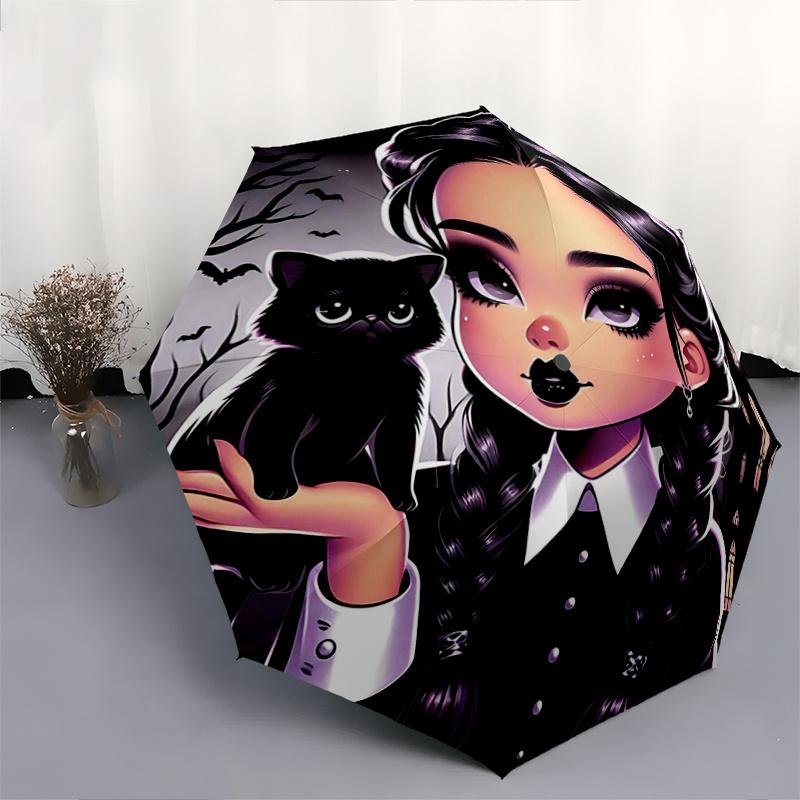 1pc Dark Elegance Addams Pattern Automatic Cartoon Umbrella Is Fashionable and Good-Looking, Suitable for Travel and Daily Use.I027