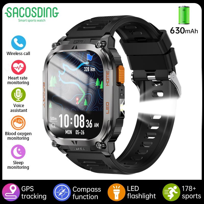 SACOSDING GPS Tracker Smart Watch IP68 Waterproof 2.01-inch HD Display Compass 630mAh Battery Heart Rate BT Call Outdoor Sport Smart Watch