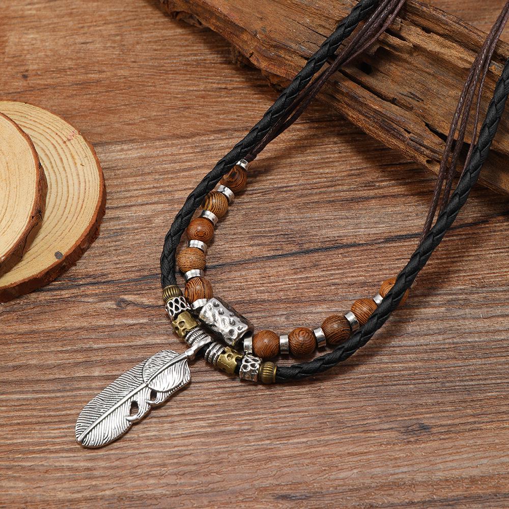 Unisex Double Layer Ethnic Beaded Leather Cross Pendant Necklace