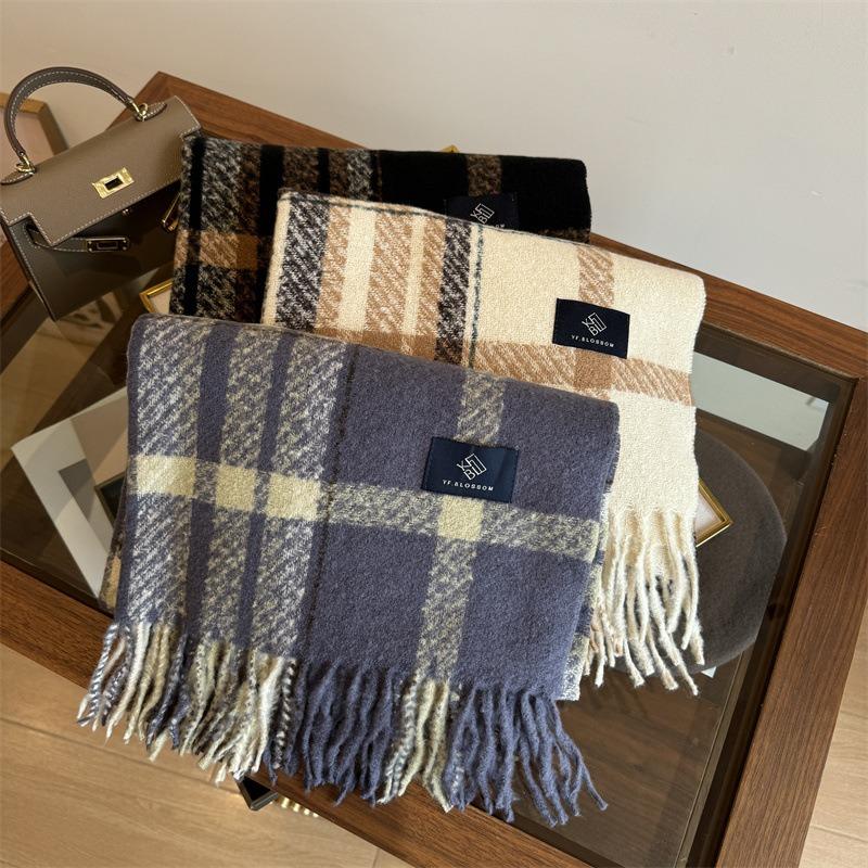White Purple Plaid Imitation Cashmere Fringed Scarf Female Autumn and Winter Couple Warm Versatile Skin-friendly Scarf Tide