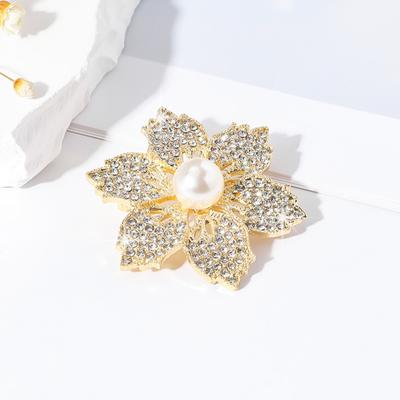Yousheng Lady Brooch Bauhinia Shape Rhinestone Faux Pearl Hollow Out Anti-slip Bag Coat Collar Hat Scarf Decoration Clothes Pin Party Prom Bride