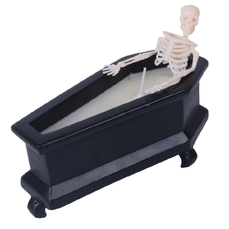 Realistische Halloween-Skelettfigur mit Kerze und Mini-Sarg-Schädel-Ornament für Horror-Mottoparty-Zubehör