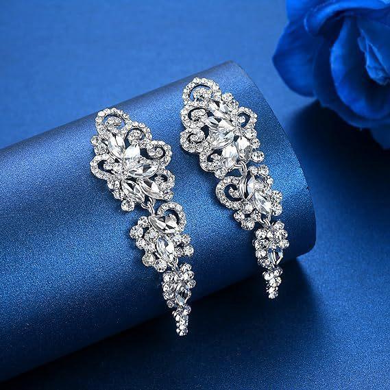Art Deco Crystal Flower Earrings With Long Dangle For Womens Fashion Accessory
