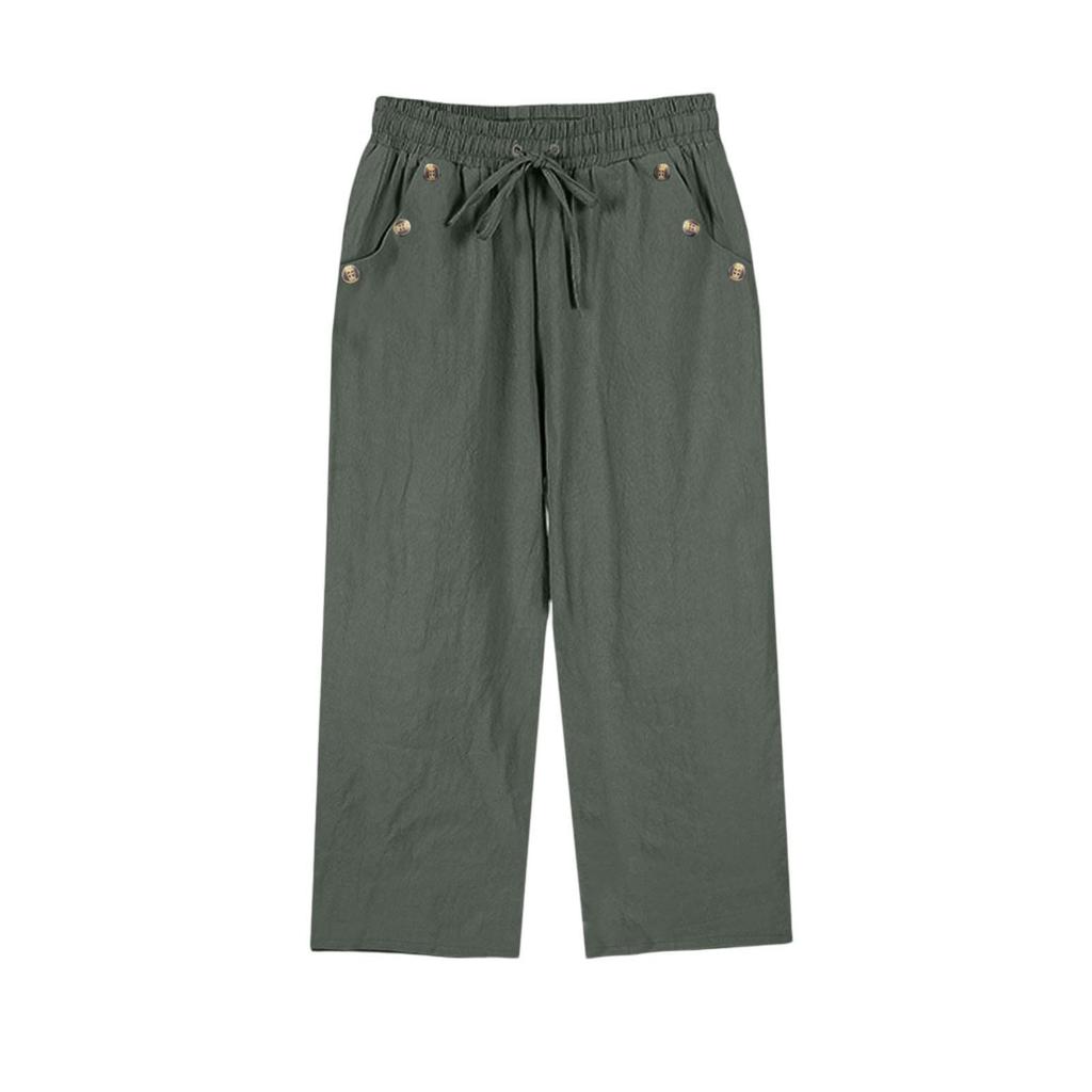 Women's Fashionable Loose-Fit Pocket Cotton-Linen Blend High-Waisted Wide-Leg Pants Casual Cropped Trousers