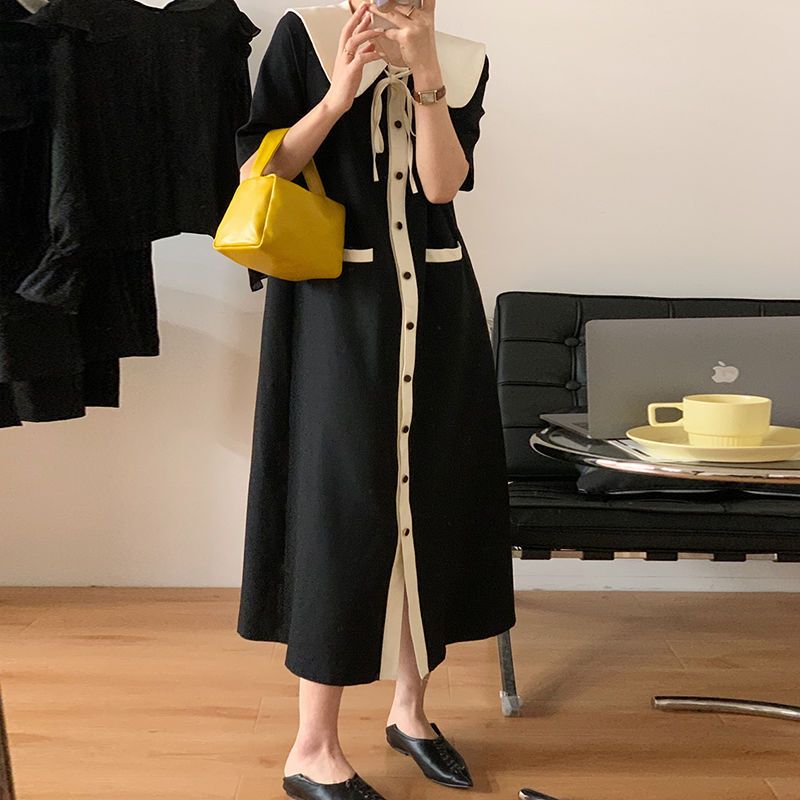 French Style Peter Pan Collar Dresses Women's Fashion Drawstring Summer Single-breasted A-Line Basic Pockets Long Dress