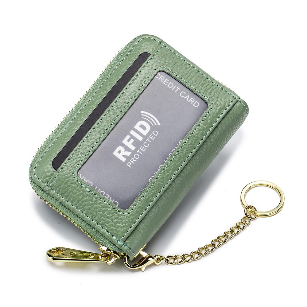 Genuine Leather Men Women Rfid Credit Card Holder Small Zipper Wallet Solid Coin Purse Key Ring ID Pocard Slot Mini Money Bag