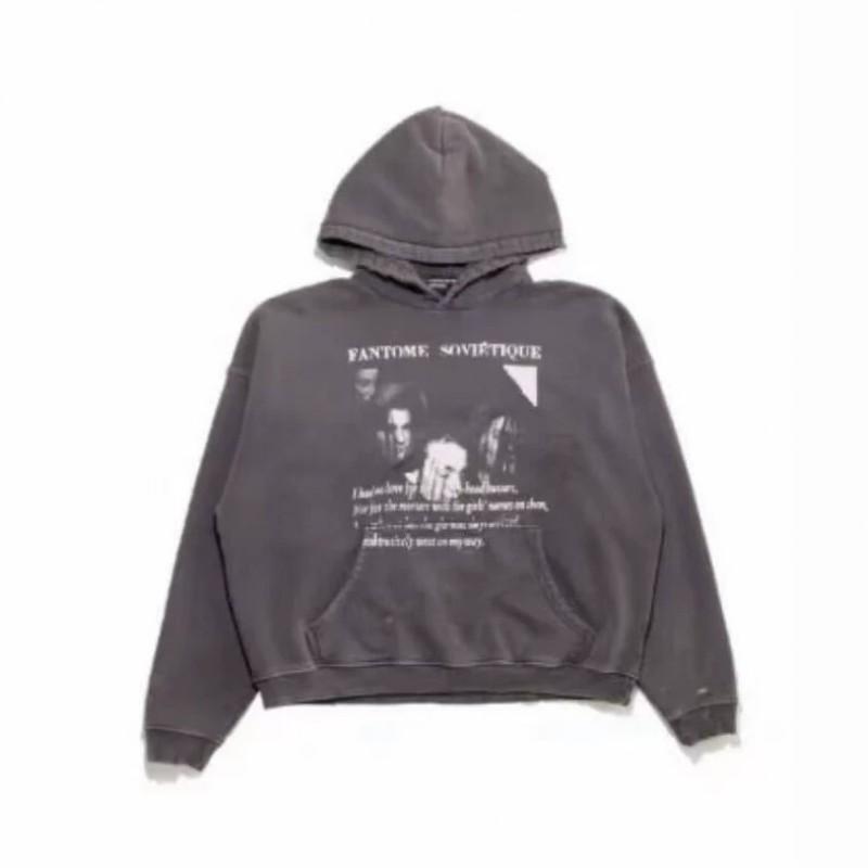 Washed Distressed Hoodie With Vintage Soviet-Era Portrait Print Unisex Streetwear Cotton Pullover Fall